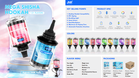 JNR MEGA Shisha Hookah 100K puffs Disposable E Cigarettes vape 22000mah 2% 12 Flavors 4pcs/box 100000 puffs