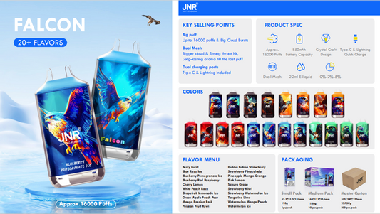 JNR Falcon 16000 puffs Disposable E Cigarettes vape 850mah 2% 5% 38 Flavors 16K puffs