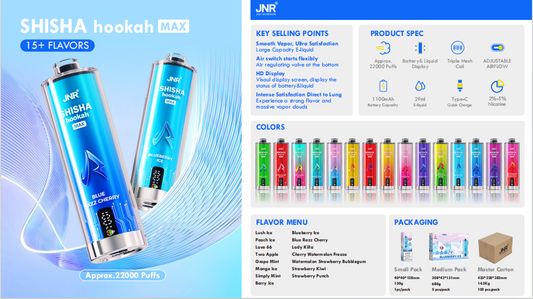 JNR Shisha Hookah Max 22K puffs Disposable E Cigarettes vape 1100mah 2% 5% 15 Flavors 22000 puffs