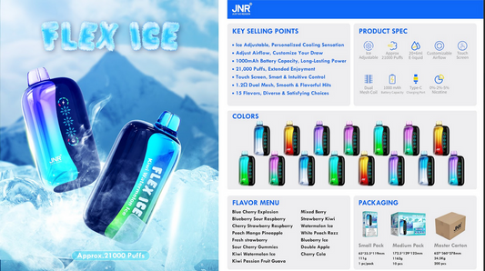 JNR Flex Ice 21000 puffs Disposable E Cigarettes vapes 1000mah 2% 5% 15 Flavors 21K puffs