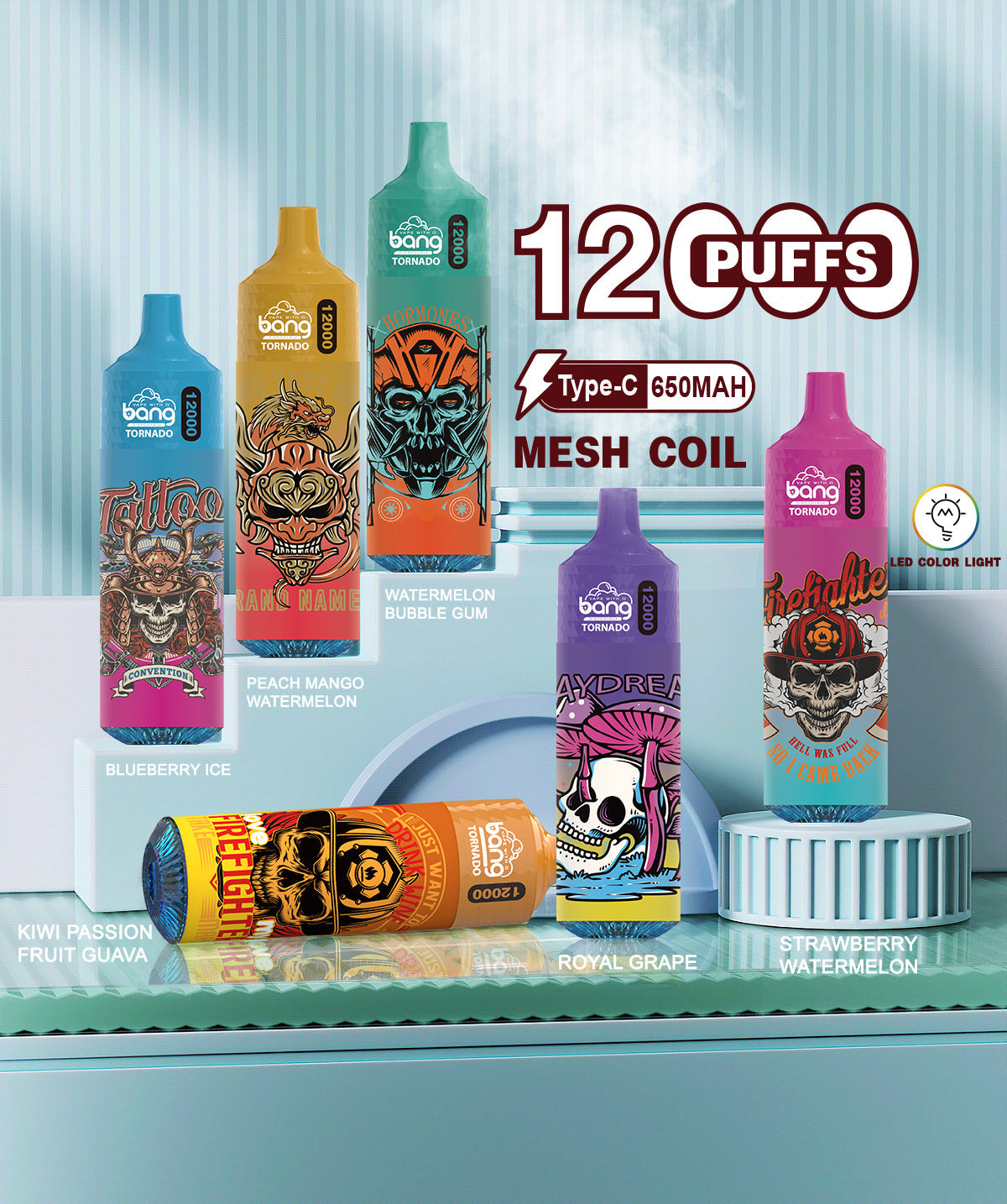 BangKing 12000 Puffs Smart Full Screen Turn Ice Wholesale Disposable Vape Puff 12k Prefilled Pod-850mAh Battery, 40ml E-liquid, Multiple Nicotine 12 Flavors