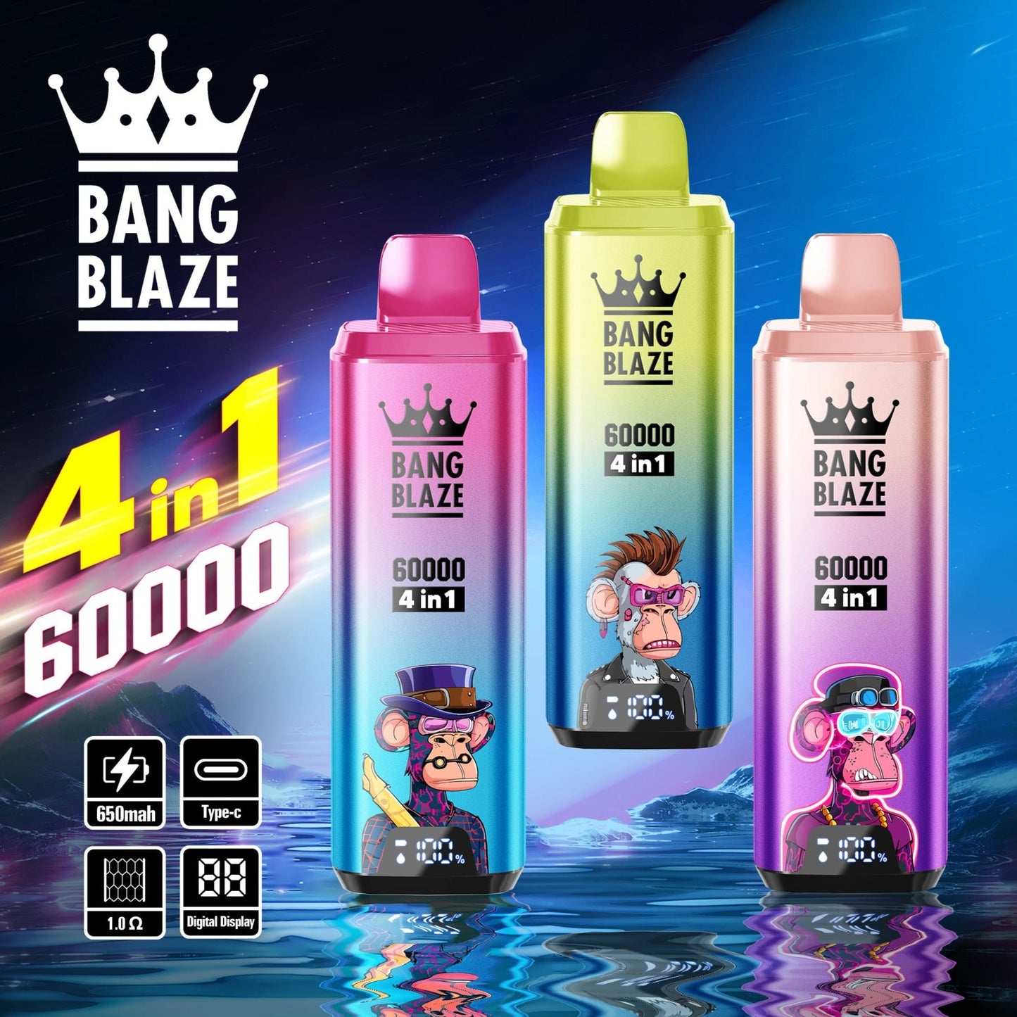 BANG BLAZE 4 In 1 60000 Puffs Disposable Vape Wholesale-650mAh Battery, 56ml E-liquid, Multiple Nicotine 12 Flavors