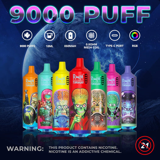 RandM Tornado 9K puffs Disposable E Cigarettes vape 850mAh 0% 2% 5% Double Flavors 58 Flavors 9000 puffs