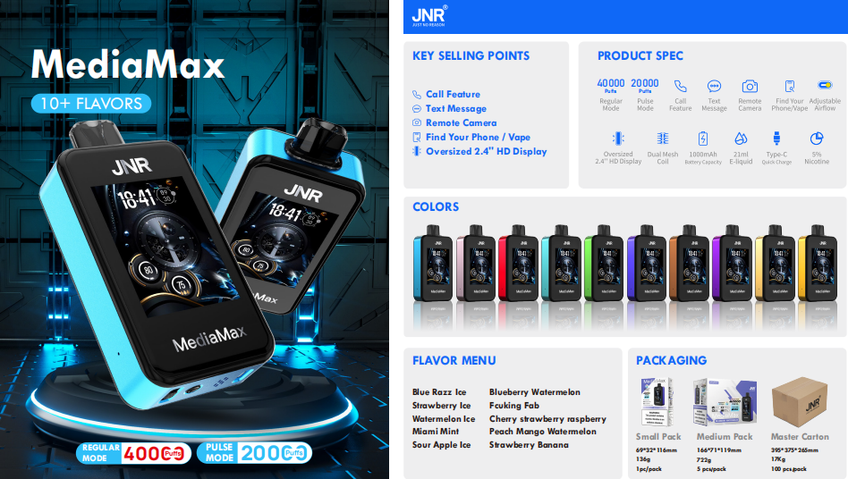 JNR Media Max 40K puffs Disposable E Cigarettes vape 1000 mah Battery 2%  10 Flavors 40000 puffs