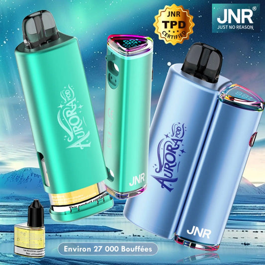 JNR Aurora Pod Kit TPD Certified Vape 27000 Puffs 2ml Prefilled Pod 10ml Refillable Bottle 900mAh Rechargeable Battery