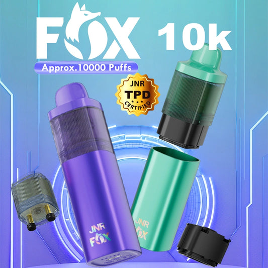 JNR Fox Pod Kit TPD Certified Vape 10000 Puffs 2ml Prefilled Pod 10ml Refillable Bottle 800mAh Rechargeable Battery