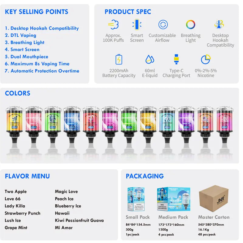 Puff 100k JNR Mega Shisha Hookah 100000 Puffs Smart Screen Disposable Vape Wholesale  DTL Breathing Light