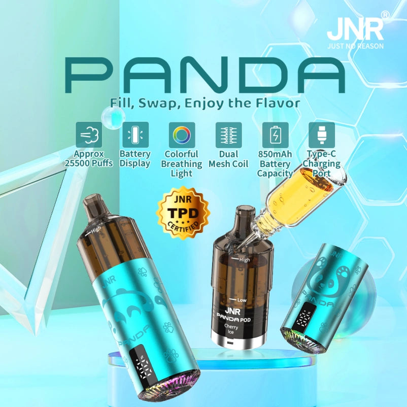 JNR Panda Pod Kit TPD Certified Vape 25500 Puffs 2ml Prefilled Pod 10ml Refillable Bottle 850mAh Rechargeable Battery