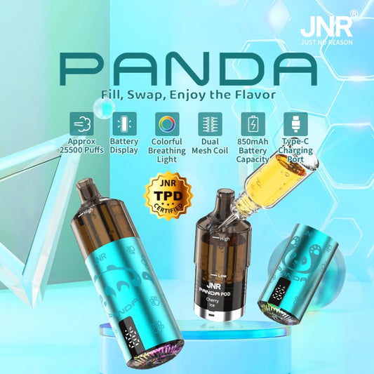 JNR Panda Pod Kit TPD Certified Vape 25500 Puffs 2ml Prefilled Pod 10ml Refillable Bottle 850mAh Rechargeable Battery