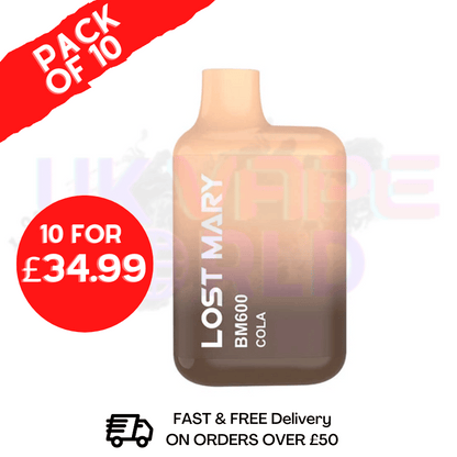 Cola (NEW) Lost Mary 600 Puff Bars Pack Of 10 BM600 Disposable