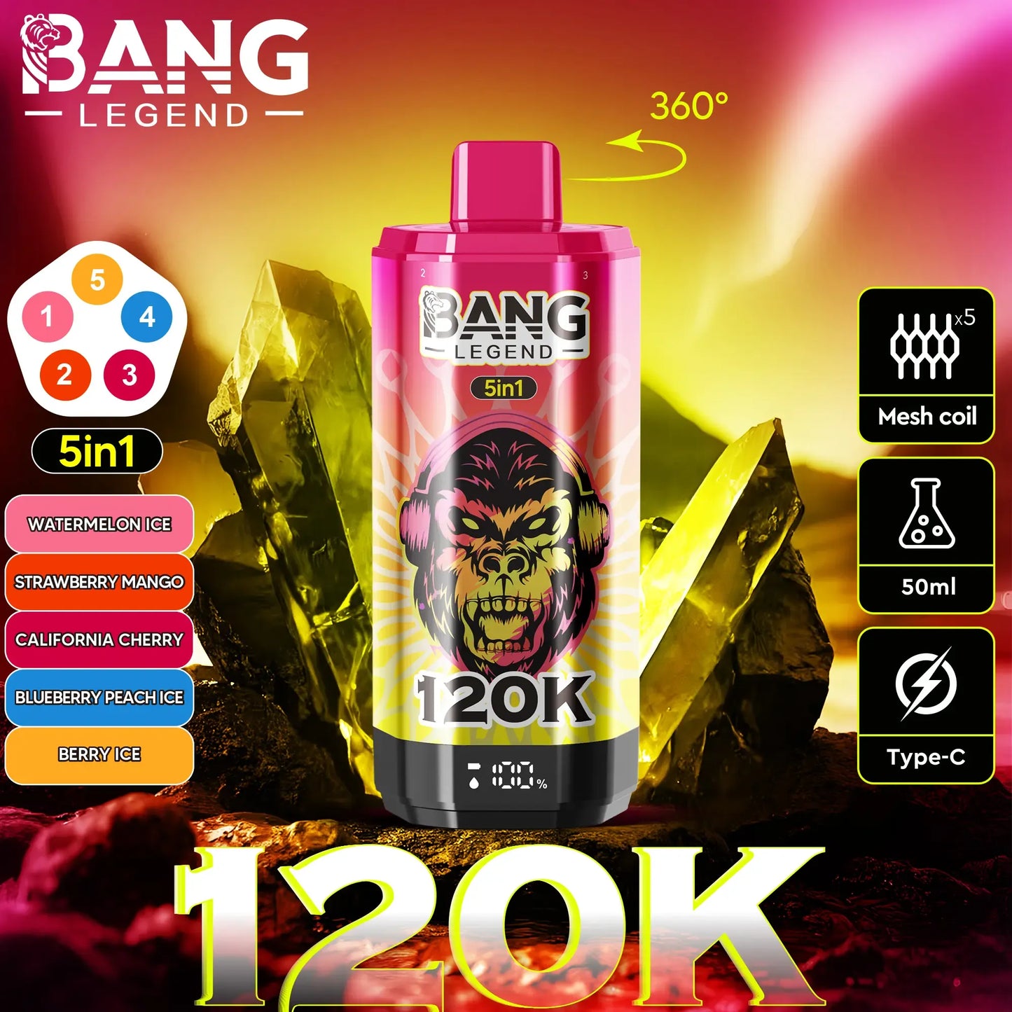 Bang Legend 120K – The Ultimate 5-in-1 Disposable Vape | 120,000 Puffs | Adjustable Triple Flavors | Nebula Burst