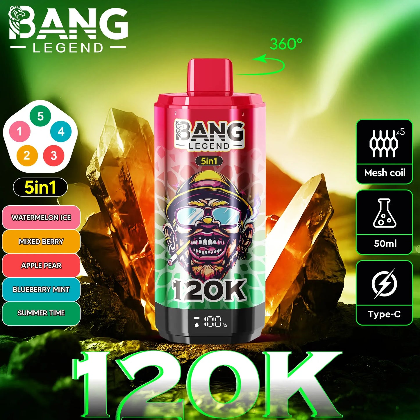 Bang Legend 120K – The Ultimate 5-in-1 Disposable Vape | 120,000 Puffs | Adjustable Triple Flavors | Nebula Burst