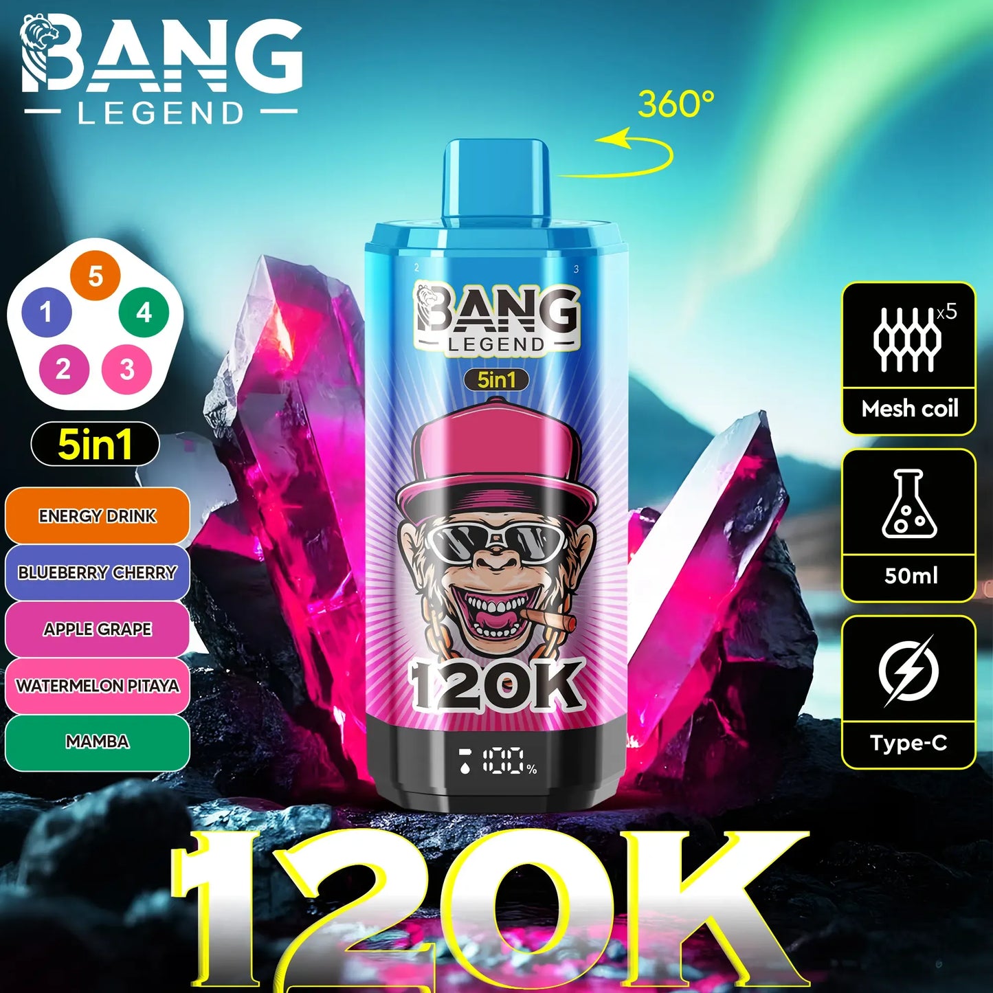 Bang Legend 120K – The Ultimate 5-in-1 Disposable Vape | 120,000 Puffs | Adjustable Triple Flavors | Nebula Burst