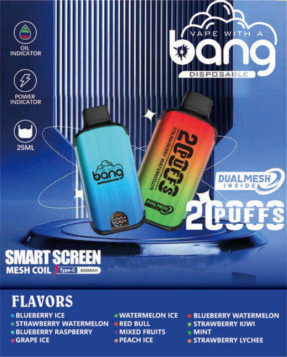 Bang 20000 Puffs LED Display Disposable Vape Bang King Double Crystal 20000 Puffs Vape 20K Disposable Vape Pen E Cigarette Prefilled-650mAh Battery, 25ml E-liquid, Multiple Nicotine 12 Flavors